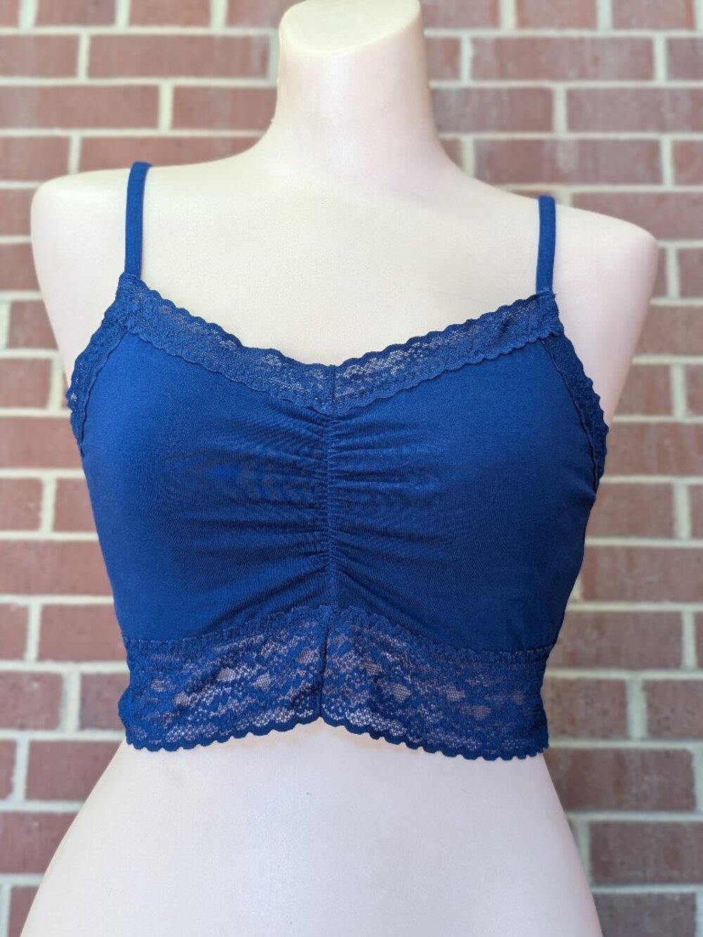 Victoria's Secret Navy Blue Lace Trim Bralette Womens L NWT Ruched Cotton Blend